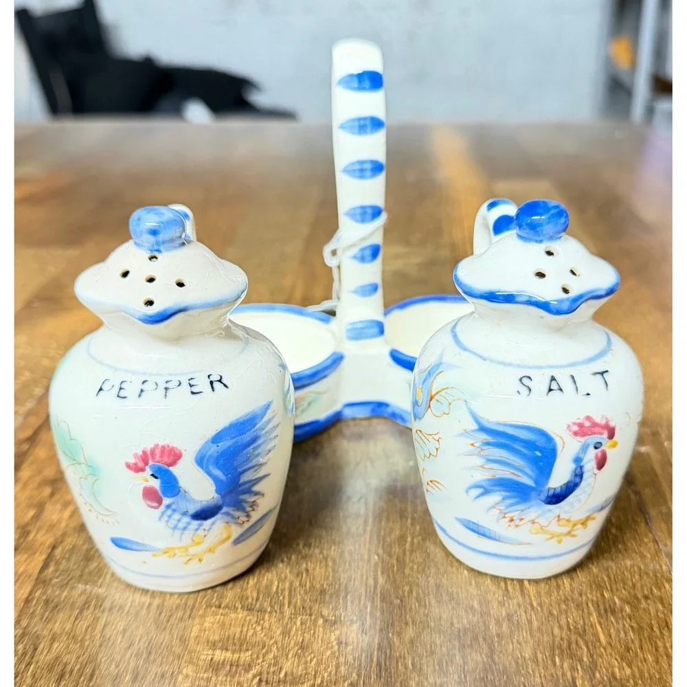 Vintage Ceramic Rooster Salt and Pepper Shaker Set with Caddy Blue White Red
